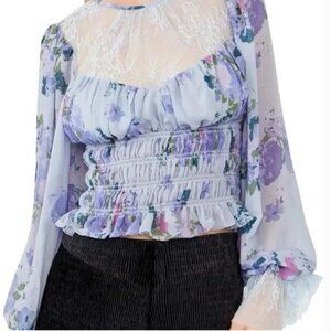 Free People Daphne Smocked Waist Lace Trim Floral Crop Blouse Sz XS Blue